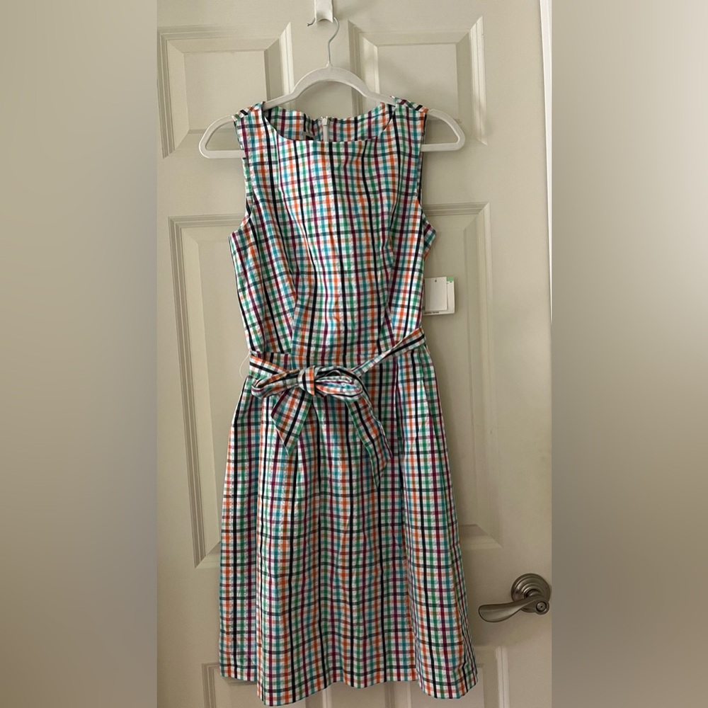 NWT Anne Klein Sleeveless Seersucker Multi Color Plaid Sundress Dress Tie Waist